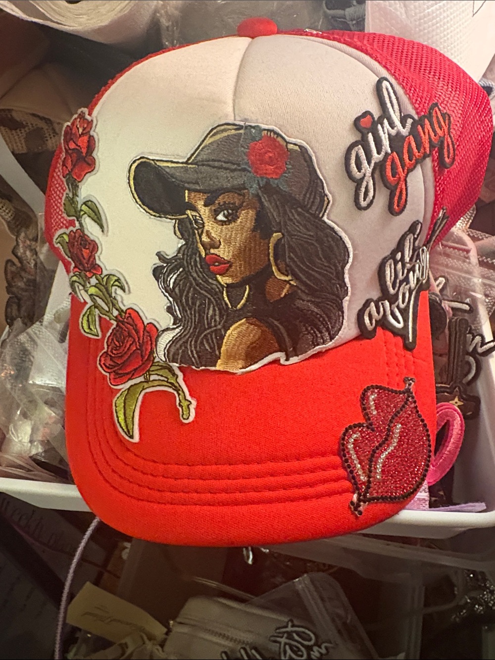 Hand Crafted Red and White Embroidered Trucker Hat with Floral Girl Motif